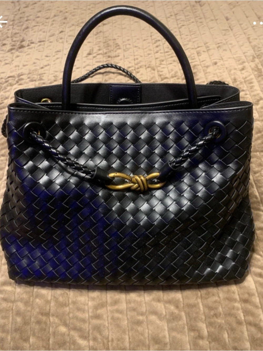 Black Woven Faux Leather Tote Bag with Gold Accent